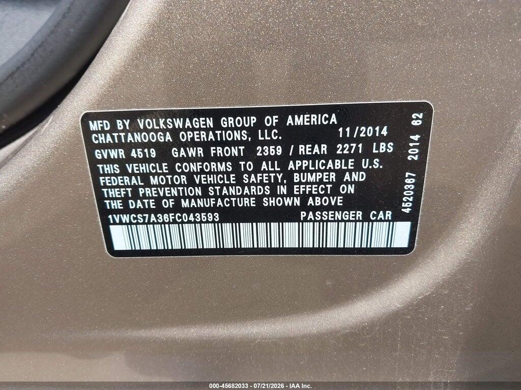 1VWCS7A36FC043593 2015 VOLKSWAGEN PASSAT photo no. 9