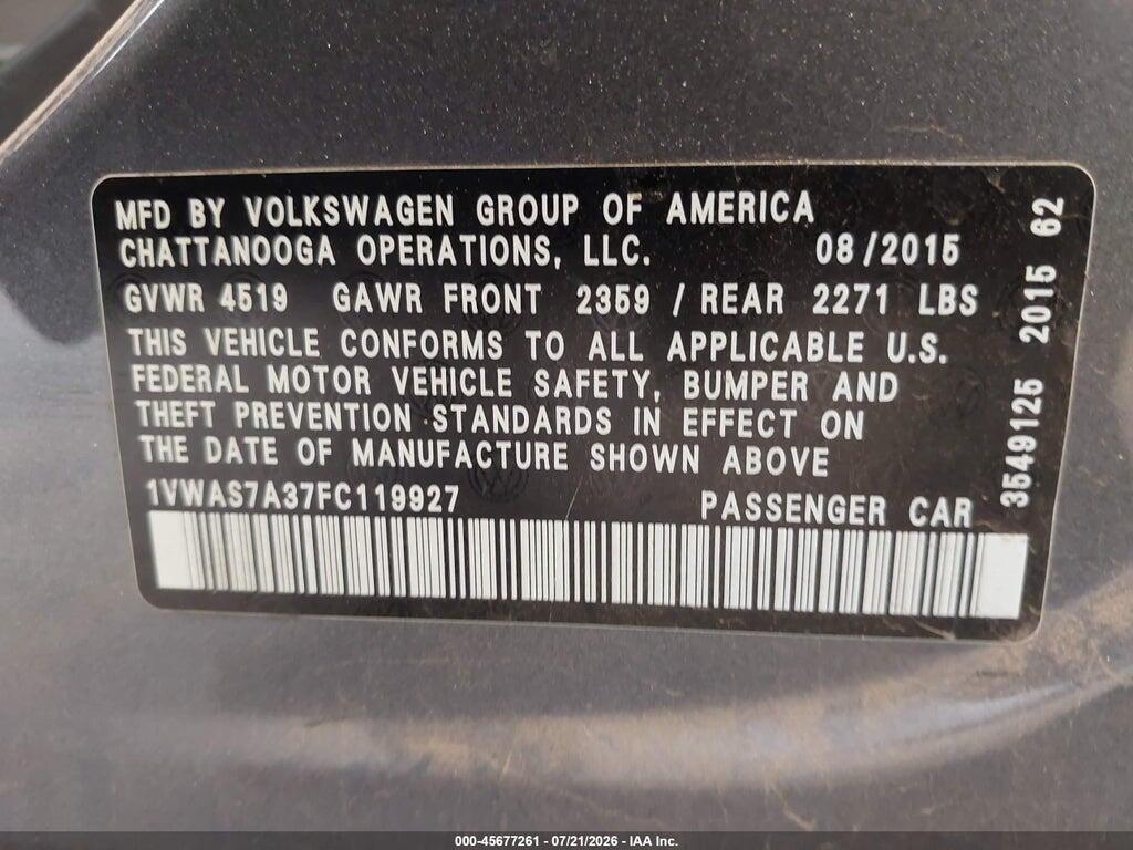 1VWAS7A37FC119927 2015 VOLKSWAGEN PASSAT photo no. 9