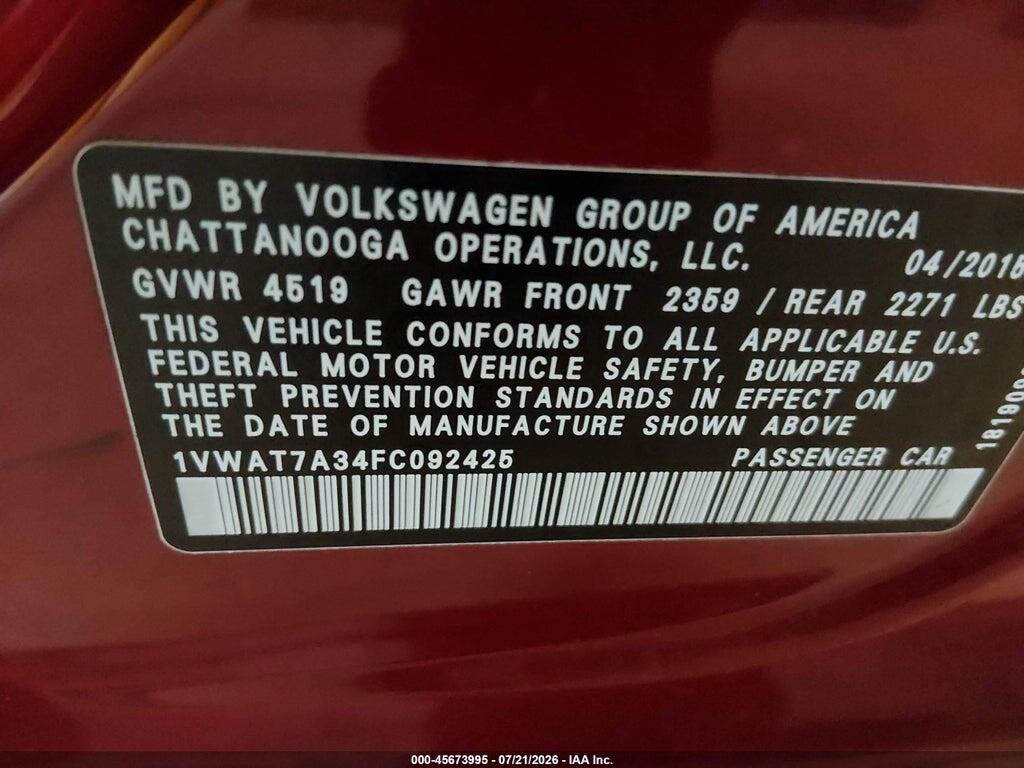 1VWAT7A34FC092425 2015 VOLKSWAGEN PASSAT photo no. 9