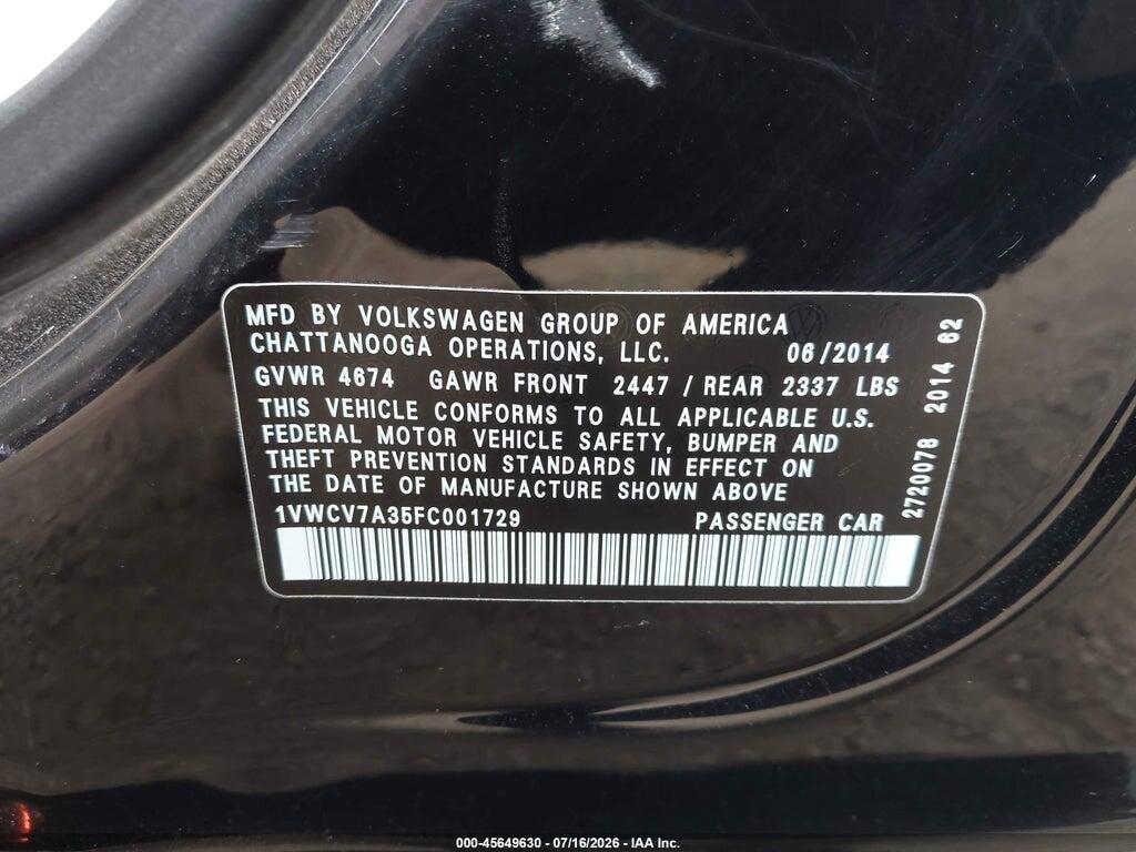1VWCV7A35FC001729 2015 VOLKSWAGEN PASSAT photo no. 9
