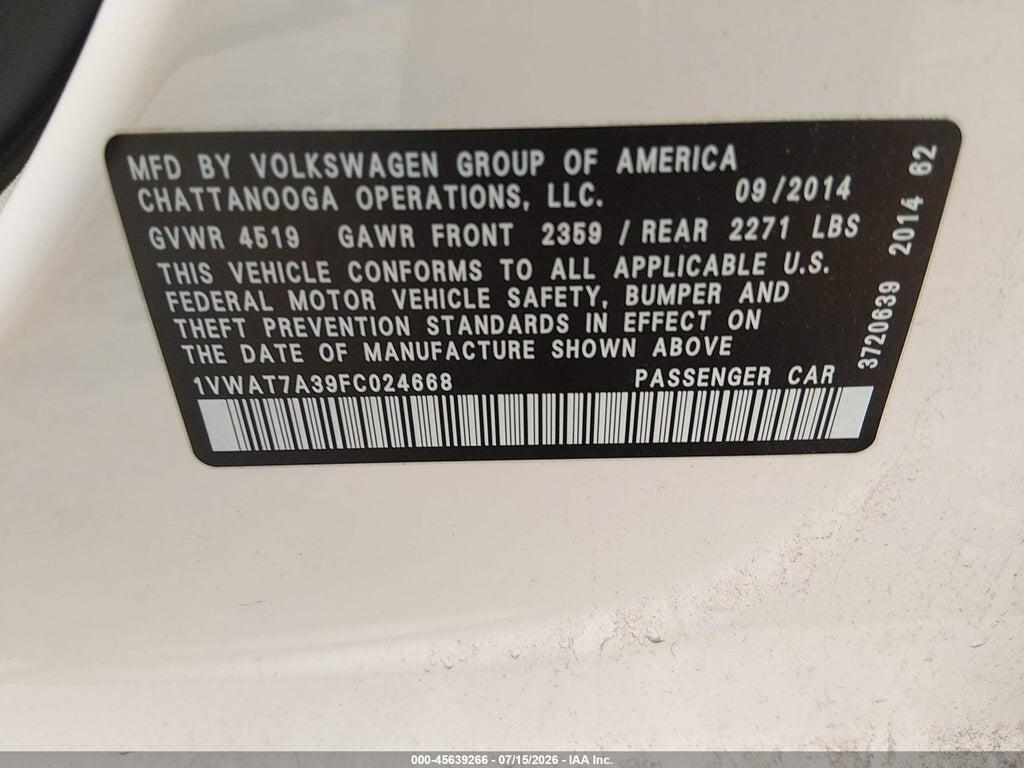 1VWAT7A39FC024668 2015 VOLKSWAGEN PASSAT photo no. 9