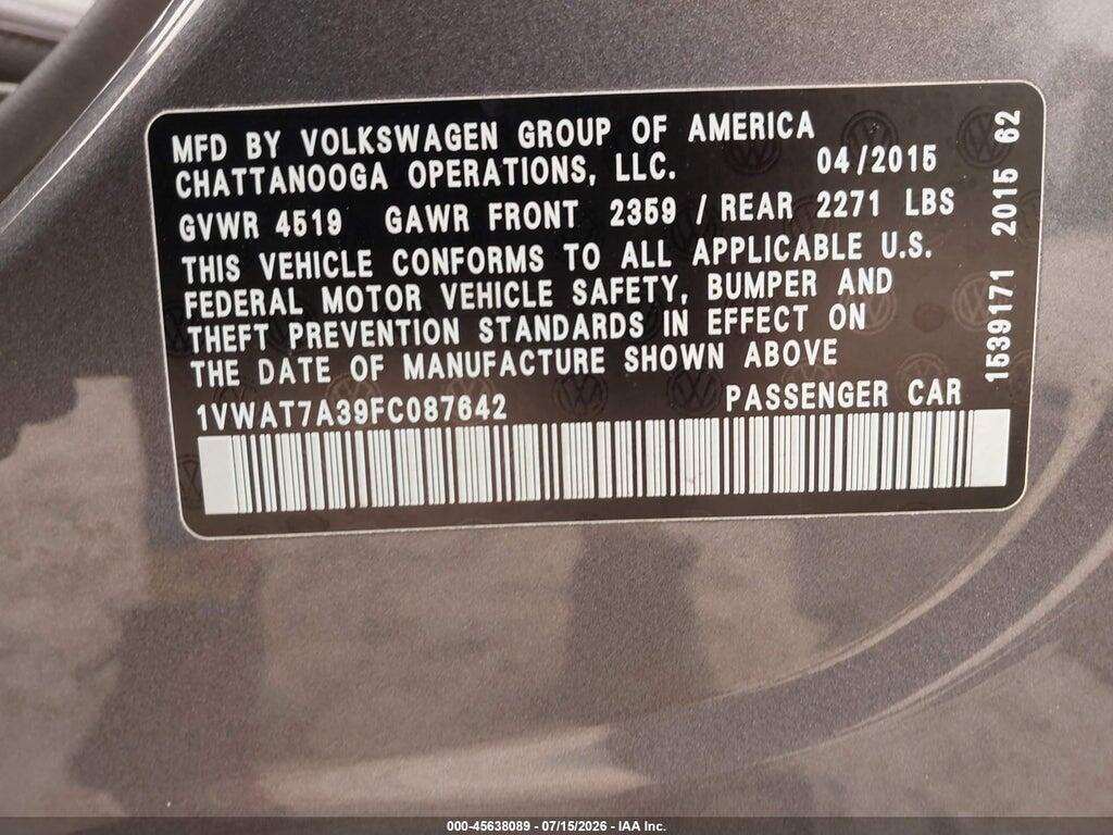 1VWAT7A39FC087642 2015 VOLKSWAGEN PASSAT photo no. 9