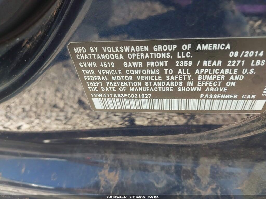1VWAT7A33FC021927 2015 VOLKSWAGEN PASSAT photo no. 9