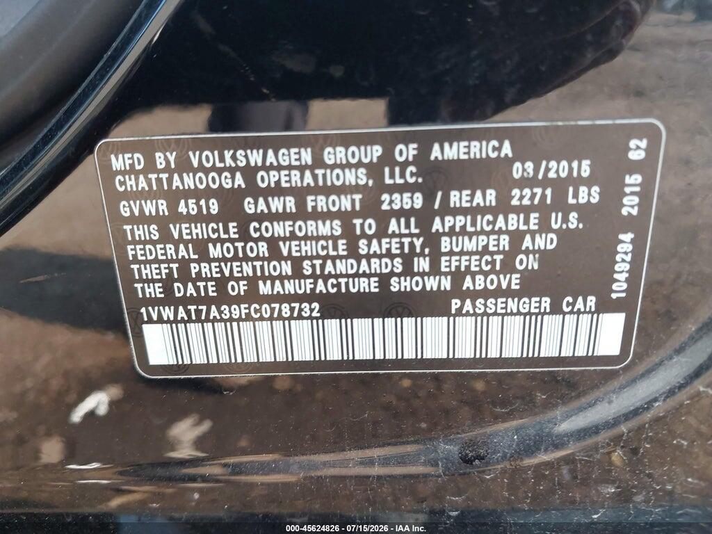 1VWAT7A39FC078732 2015 VOLKSWAGEN PASSAT photo no. 9