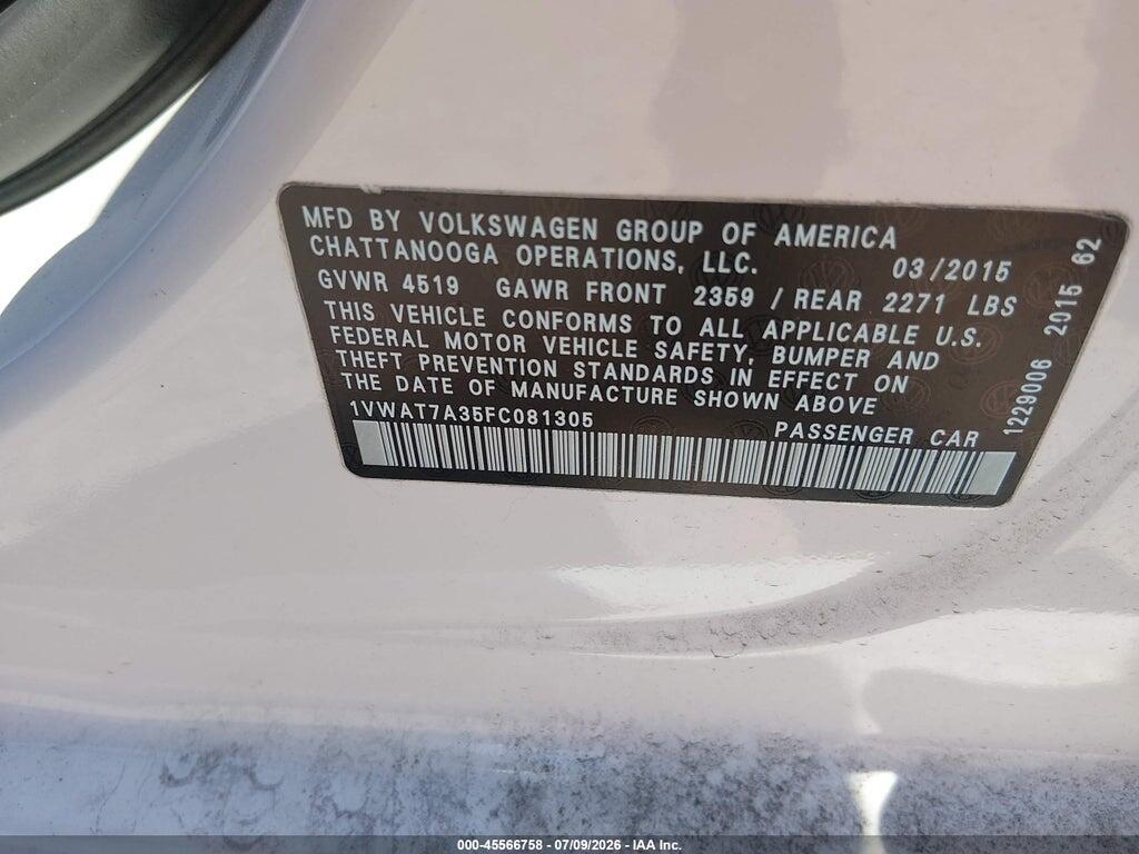 1VWAT7A35FC081305 2015 VOLKSWAGEN PASSAT photo no. 9