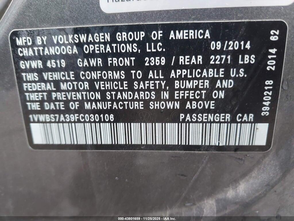 1VWBS7A39FC030106 2015 VOLKSWAGEN PASSAT photo no. 9