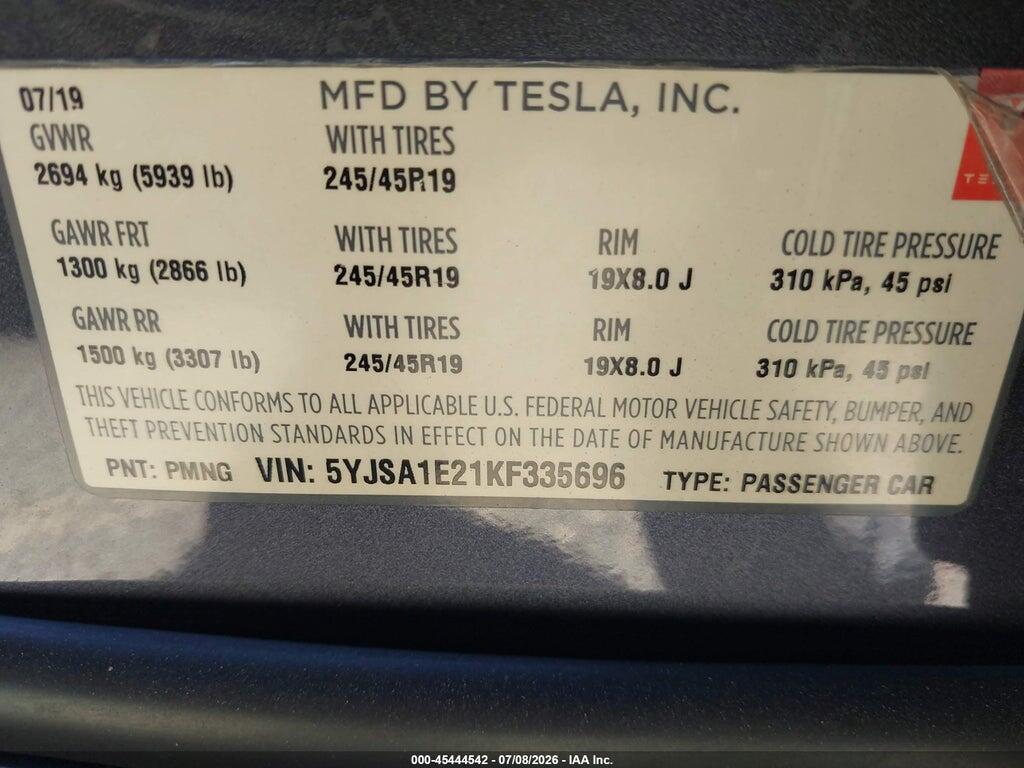 5YJSA1E21KF335696 2019 TESLA MODEL S photo no. 9