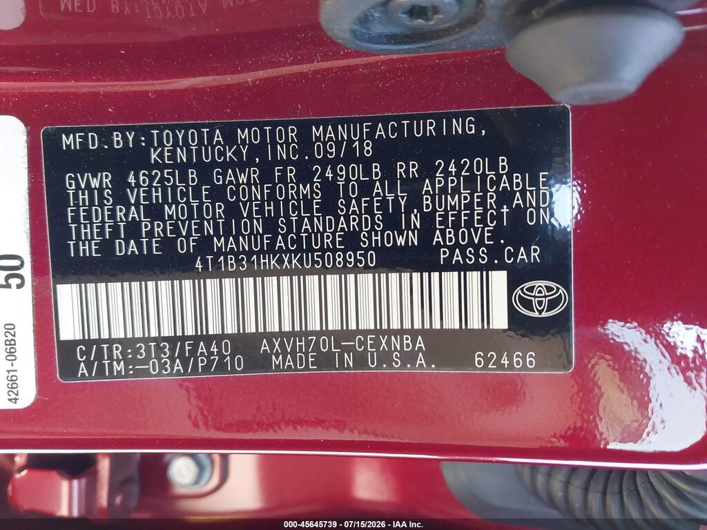 4T1B31HKXKU508950 2019 TOYOTA CAMRY HYBRID photo no. 9