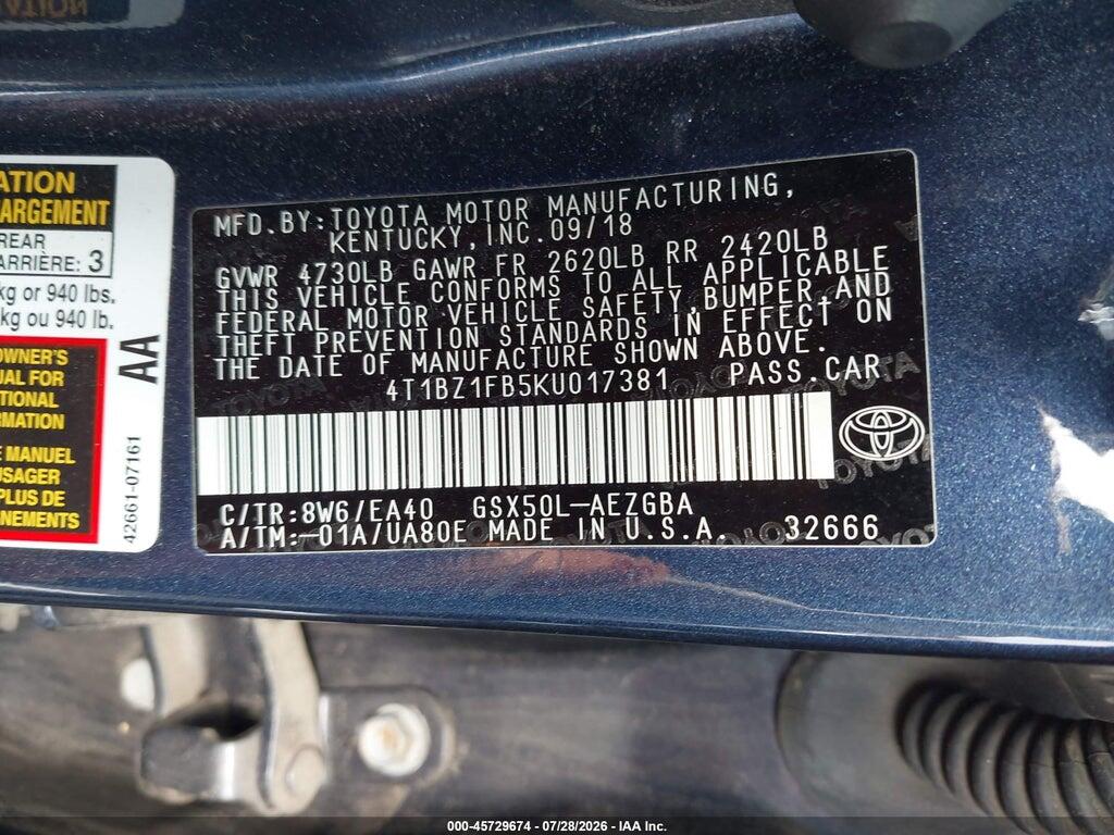 4T1BZ1FB5KU017381 2019 TOYOTA AVALON photo no. 9