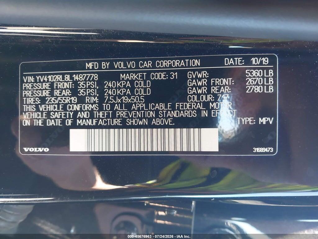 YV4102RL8L1487778 2020 VOLVO XC60 photo no. 9