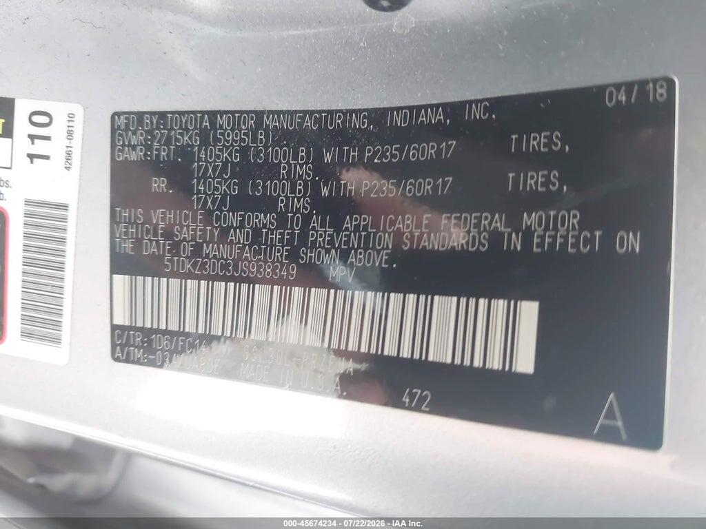 5TDKZ3DC3JS938349 2018 TOYOTA SIENNA photo no. 9
