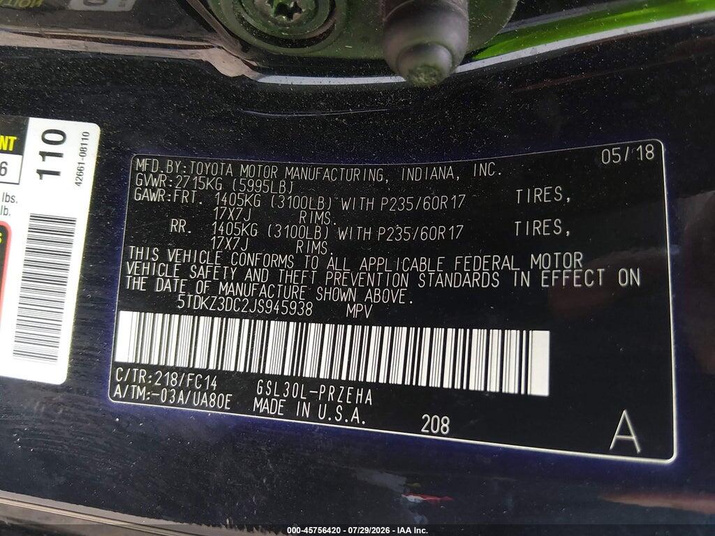 5TDKZ3DC2JS945938 2018 TOYOTA SIENNA photo no. 9