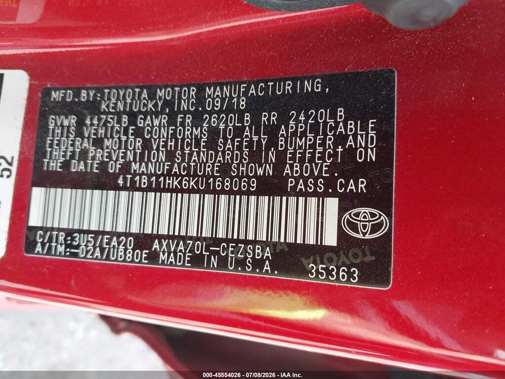 4T1B11HK6KU168069 2019 TOYOTA CAMRY photo no. 9