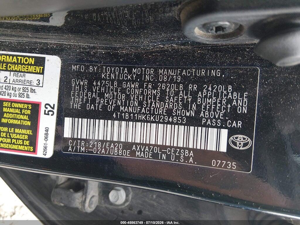 4T1B11HK6KU294853 2019 TOYOTA CAMRY photo no. 9