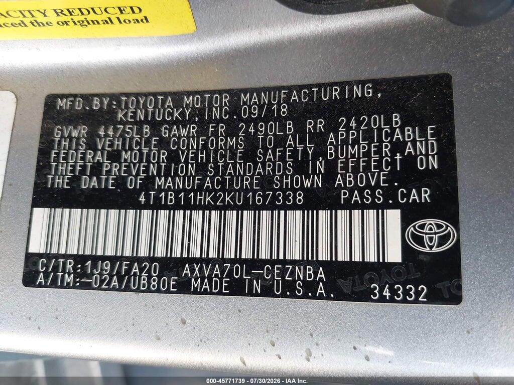 4T1B11HK2KU167338 2019 TOYOTA CAMRY photo no. 9