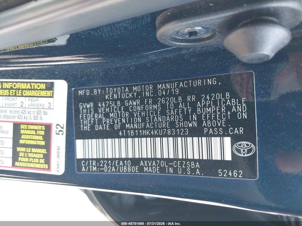 4T1B11HK4KU783123 2019 TOYOTA CAMRY photo no. 9