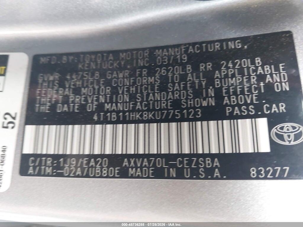 4T1B11HK8KU775123 2019 TOYOTA CAMRY photo no. 9