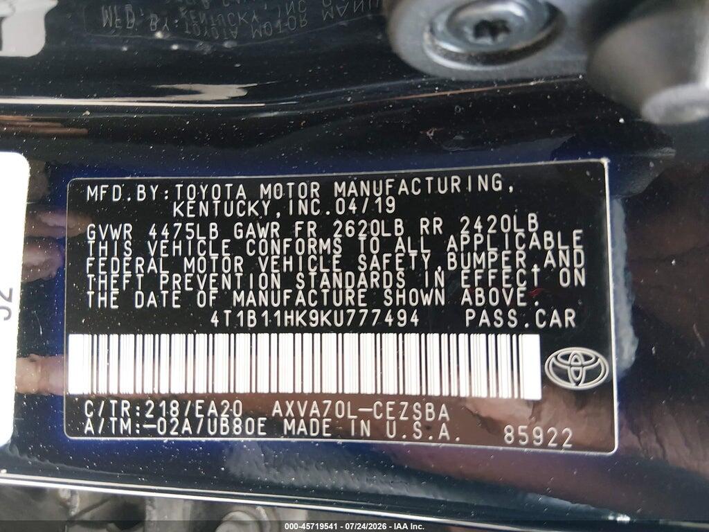 4T1B11HK9KU777494 2019 TOYOTA CAMRY photo no. 9