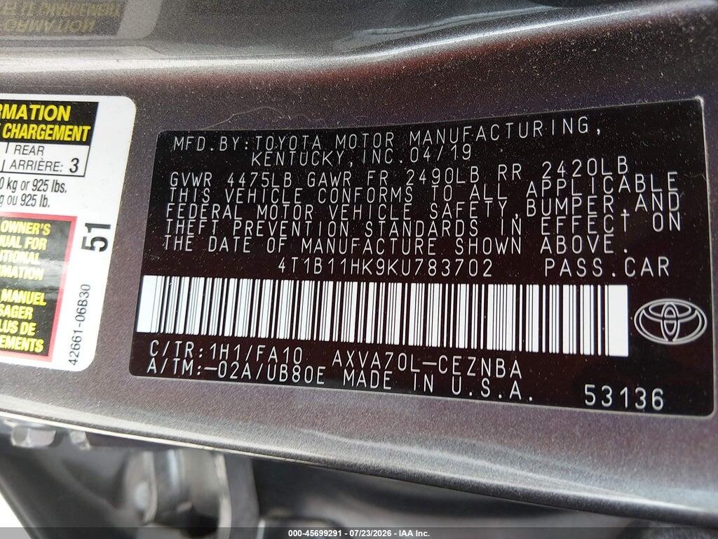 4T1B11HK9KU783702 2019 TOYOTA CAMRY photo no. 9