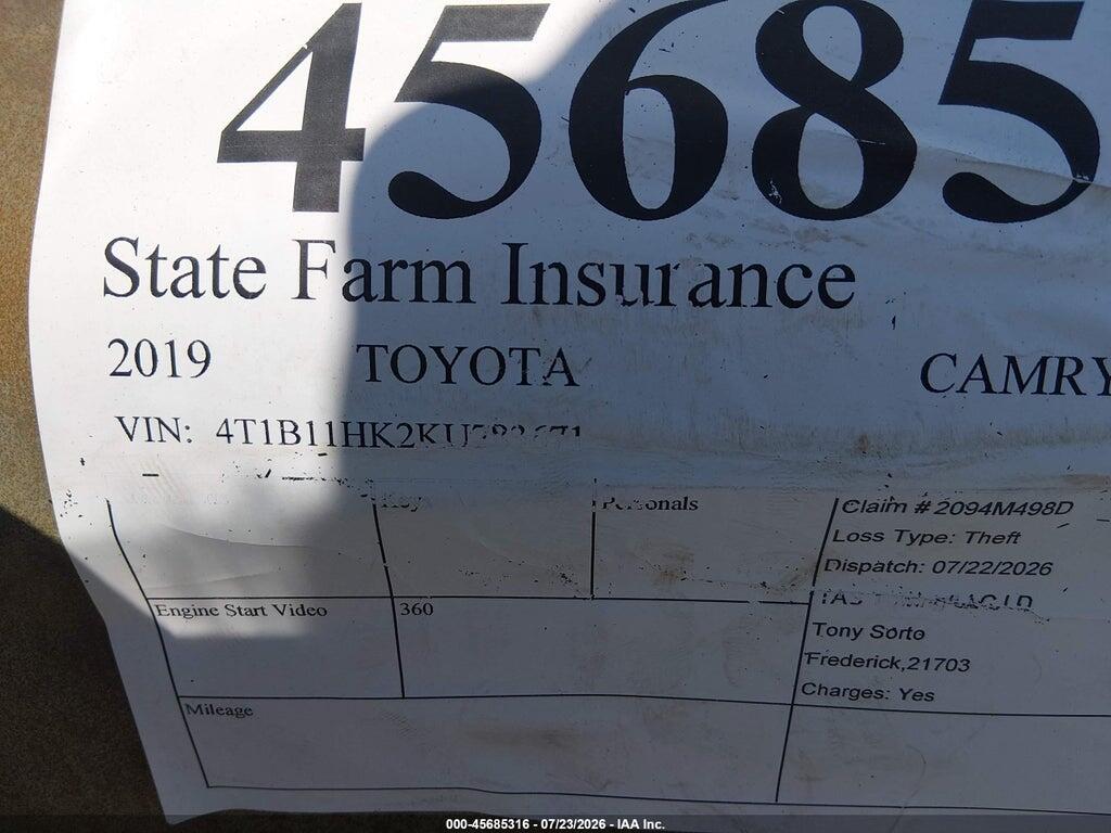 4T1B11HK2KU783671 2019 TOYOTA CAMRY photo no. 9