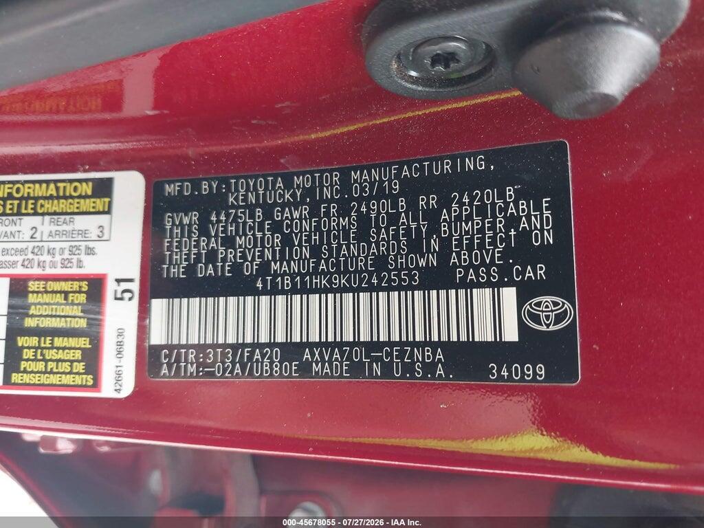 4T1B11HK9KU242553 2019 TOYOTA CAMRY photo no. 9