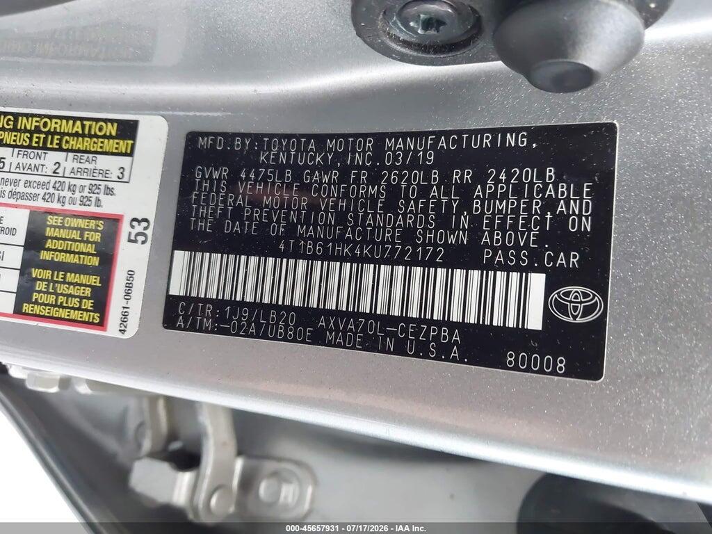4T1B61HK4KU772172 2019 TOYOTA CAMRY photo no. 9