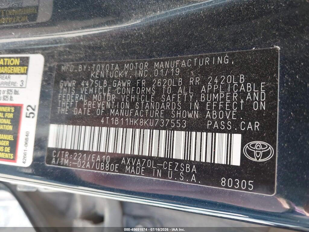 4T1B11HK8KU737553 2019 TOYOTA CAMRY photo no. 9