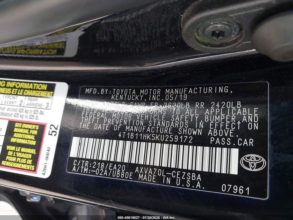 4T1B11HK5KU259172 2019 TOYOTA CAMRY photo no. 9