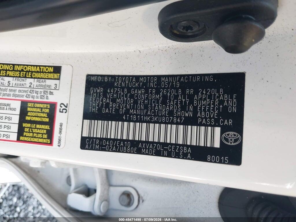 4T1B11HK3KU807847 2019 TOYOTA CAMRY photo no. 9