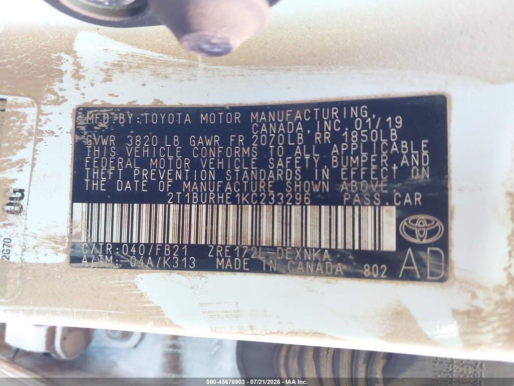 2T1BURHE1KC233296 2019 TOYOTA COROLLA photo no. 9