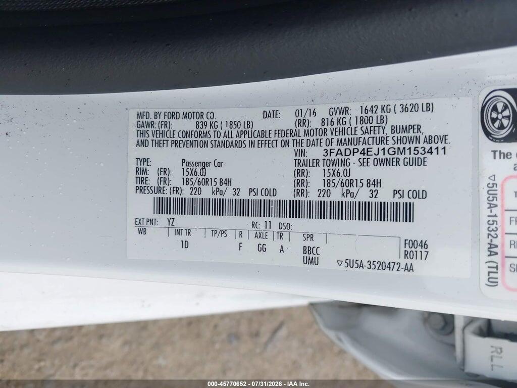 3FADP4EJ1GM153411 2016 FORD FIESTA photo no. 9