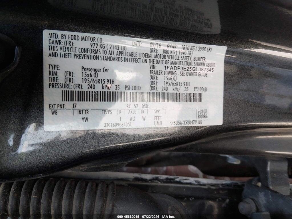 1FADP3E25GL387345 2016 FORD FOCUS photo no. 9