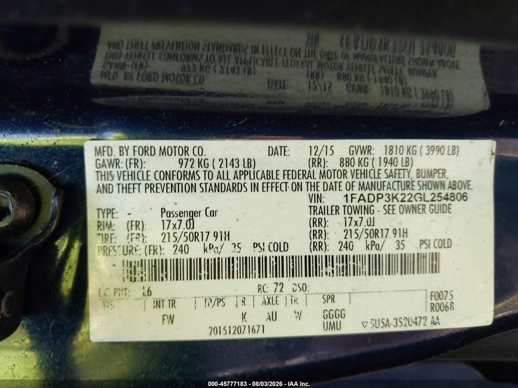 1FADP3K22GL254806 2016 FORD FOCUS photo no. 9
