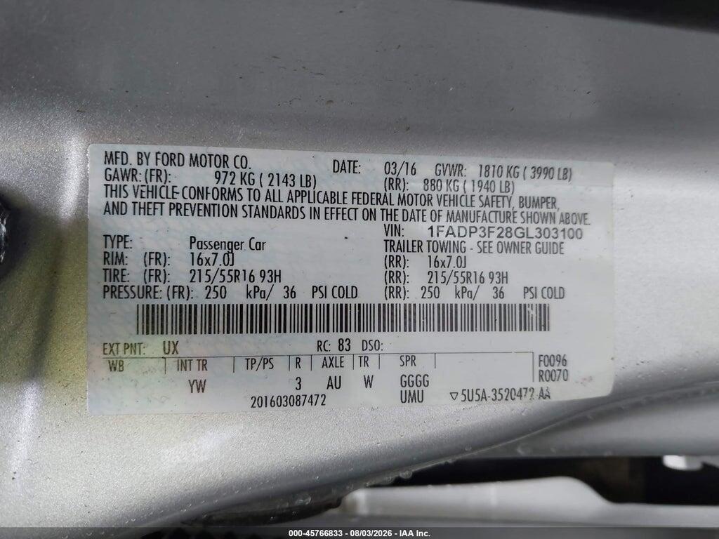 1FADP3F28GL303100 2016 FORD FOCUS photo no. 9