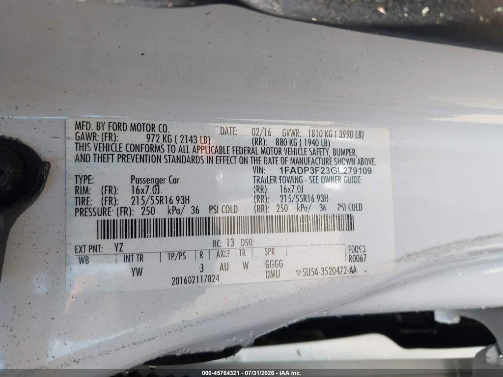 1FADP3F23GL279109 2016 FORD FOCUS photo no. 9