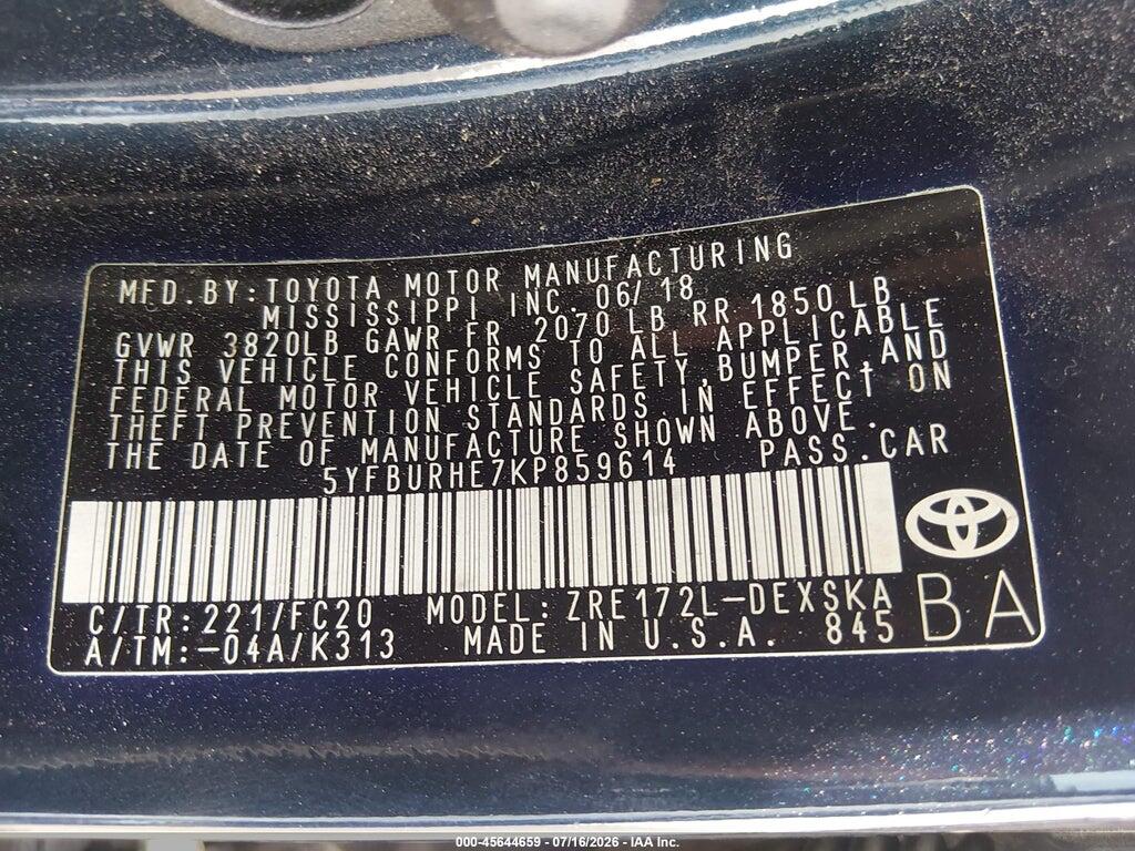 5YFBURHE7KP859614 2019 TOYOTA COROLLA photo no. 9