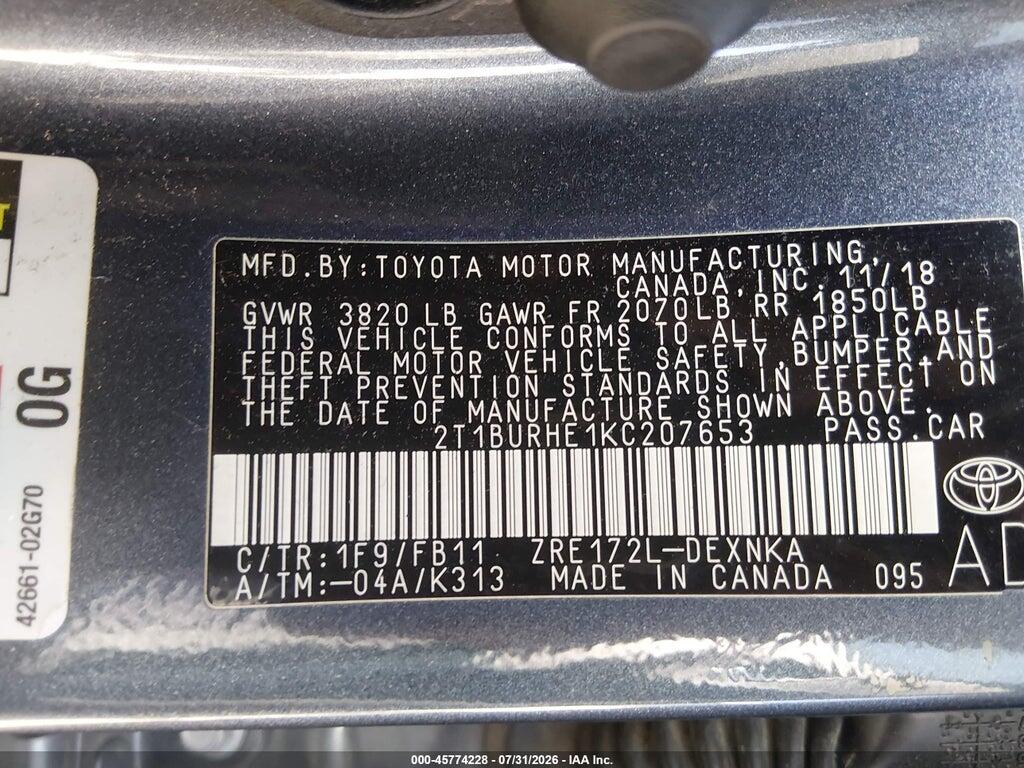 2T1BURHE1KC207653 2019 TOYOTA COROLLA photo no. 9