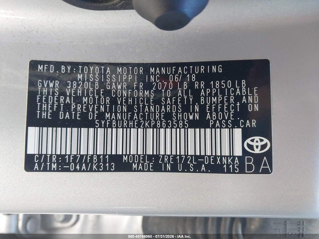5YFBURHE2KP863585 2019 TOYOTA COROLLA photo no. 9