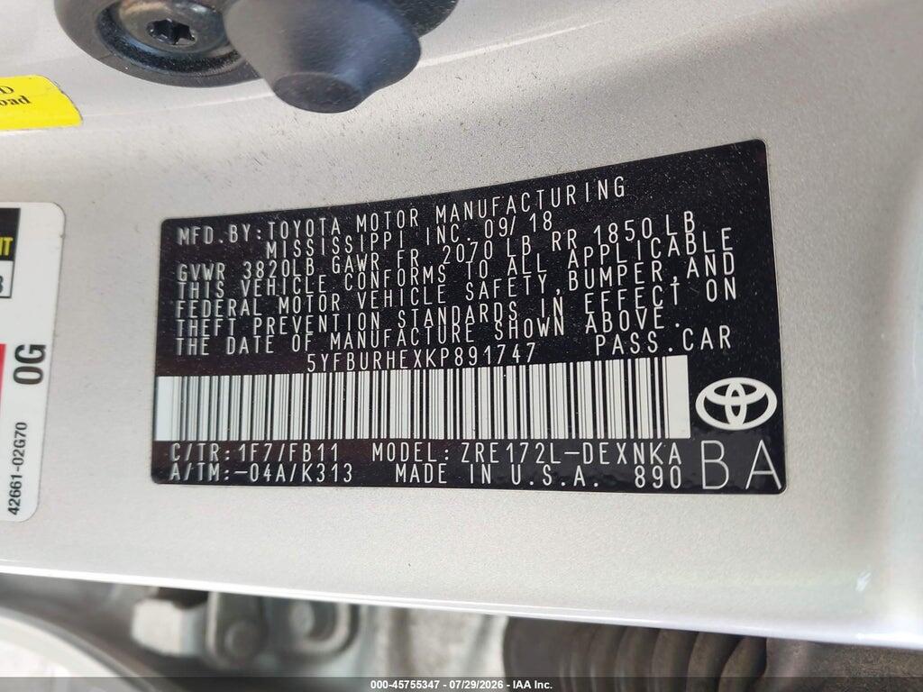 5YFBURHEXKP891747 2019 TOYOTA COROLLA photo no. 9