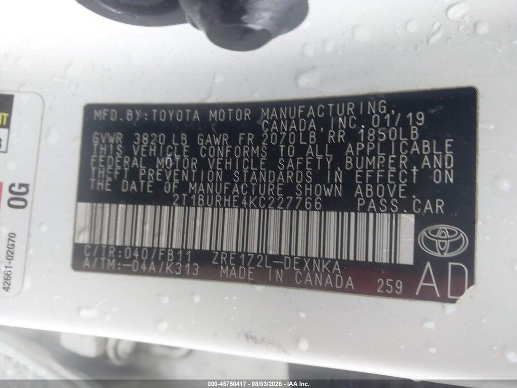 2T1BURHE4KC227766 2019 TOYOTA COROLLA photo no. 9