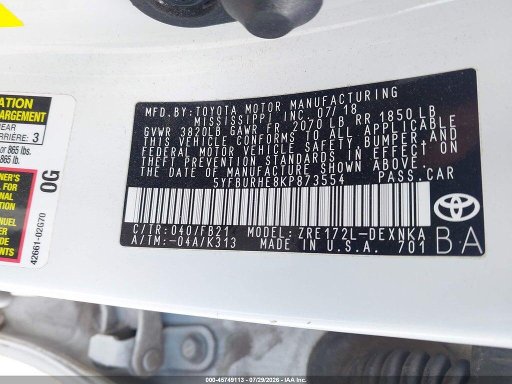 5YFBURHE8KP873554 2019 TOYOTA COROLLA photo no. 9
