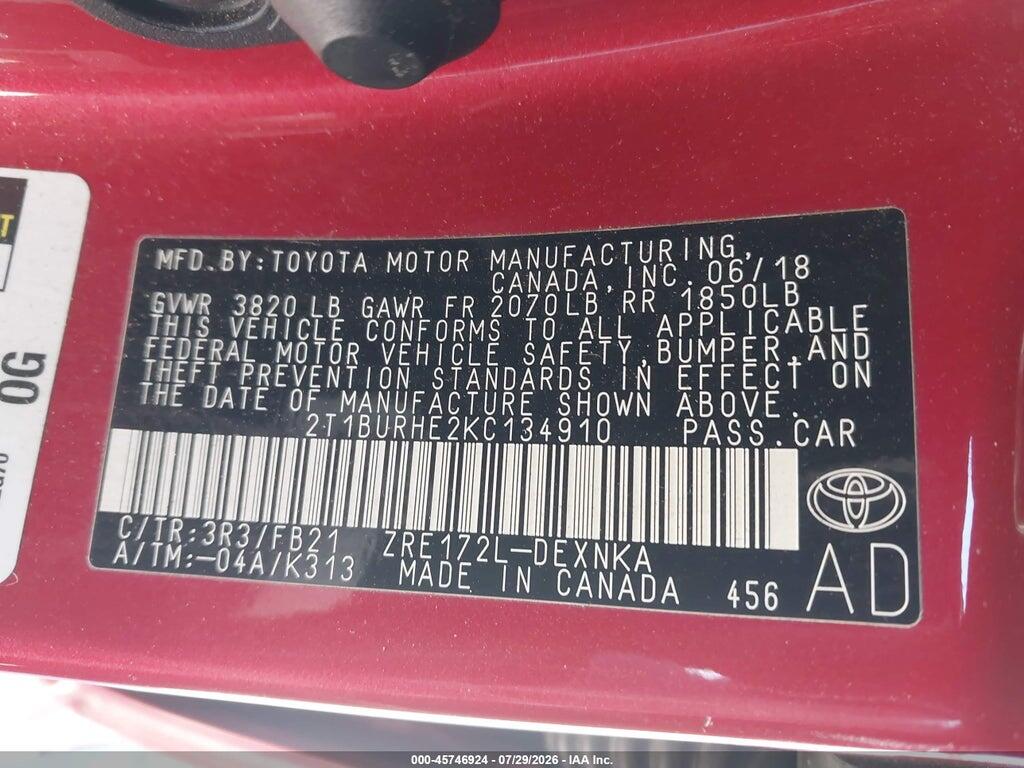 2T1BURHE2KC134910 2019 TOYOTA COROLLA photo no. 9