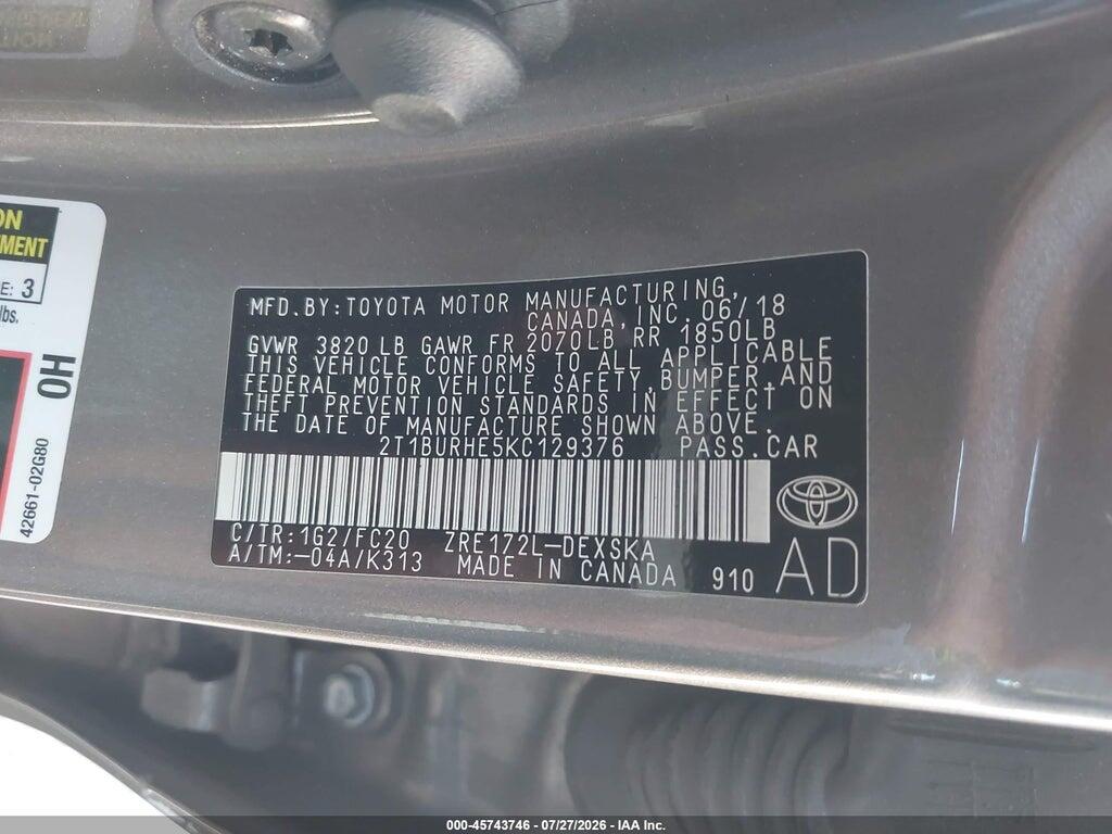 2T1BURHE5KC129376 2019 TOYOTA COROLLA photo no. 9