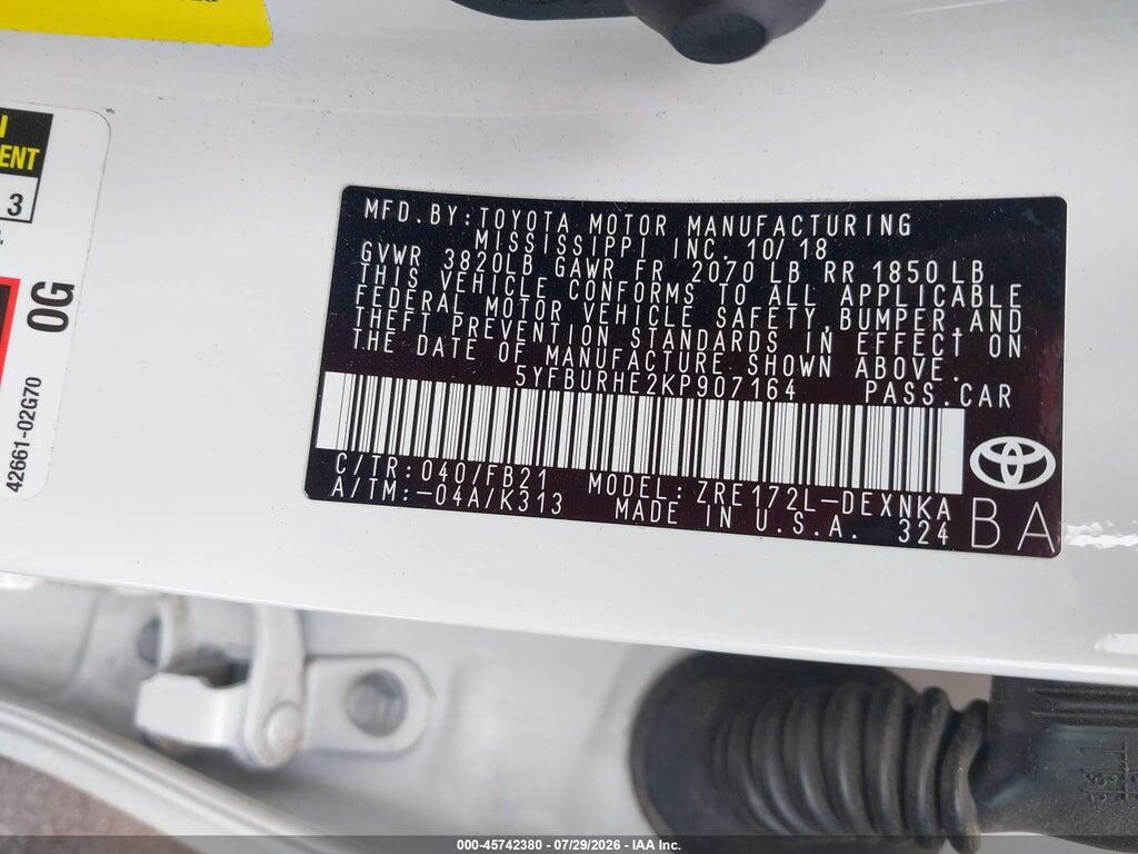 5YFBURHE2KP907164 2019 TOYOTA COROLLA photo no. 9