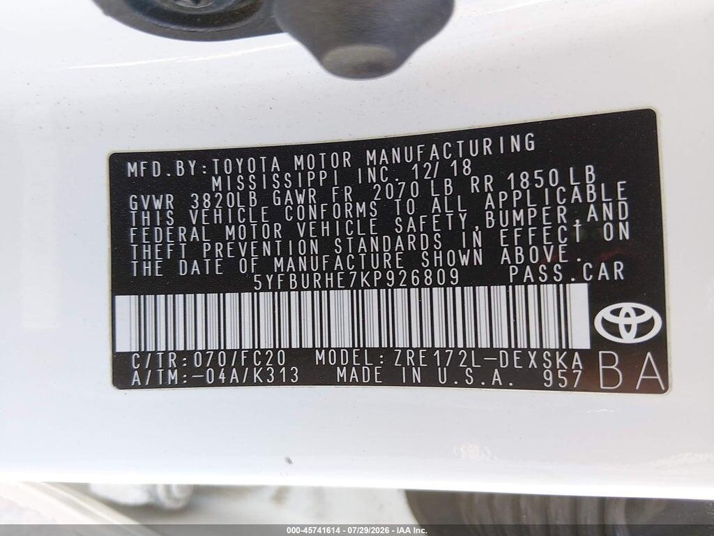 5YFBURHE7KP926809 2019 TOYOTA COROLLA photo no. 9