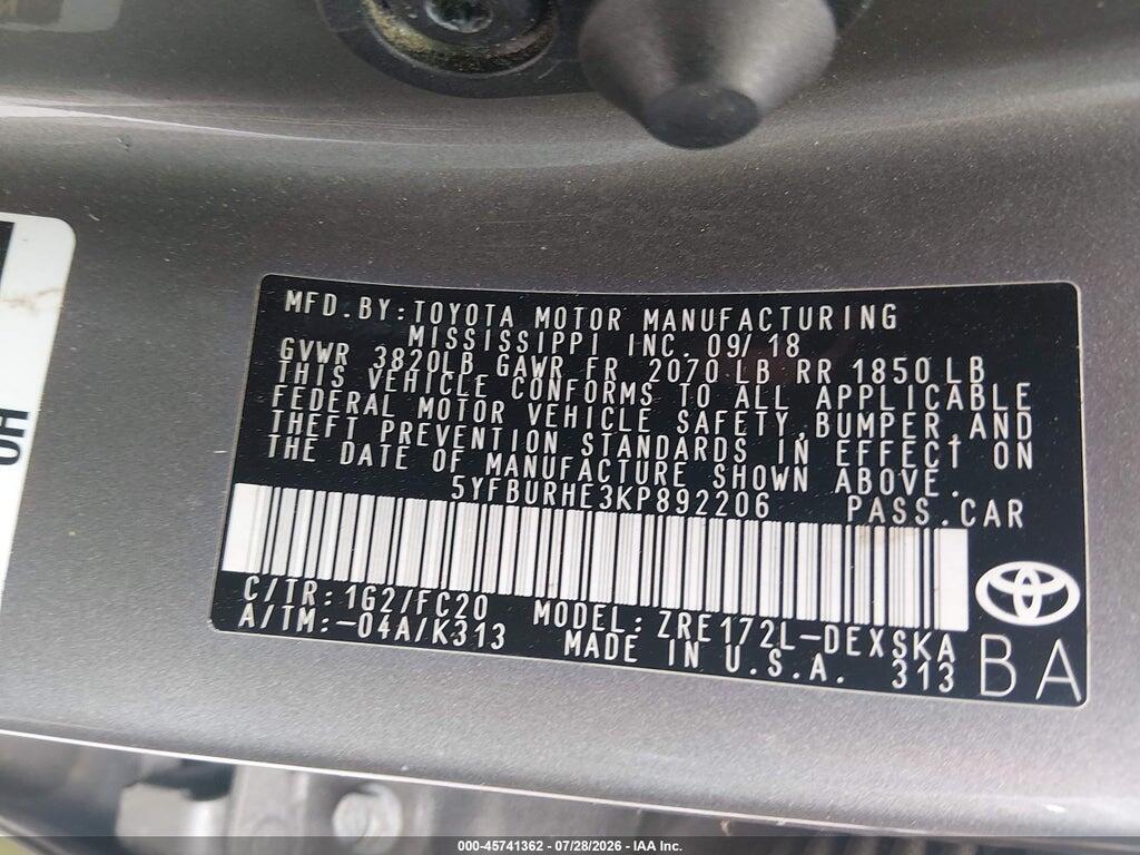 5YFBURHE3KP892206 2019 TOYOTA COROLLA photo no. 9