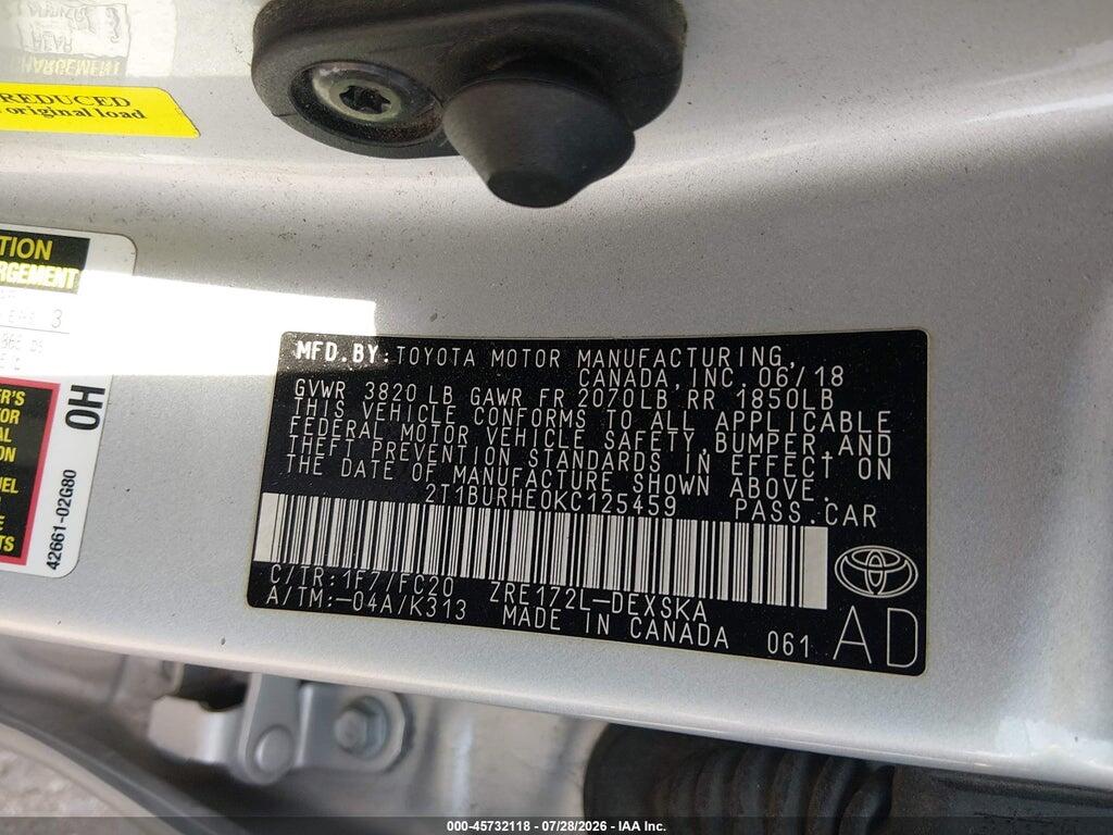 2T1BURHE0KC125459 2019 TOYOTA COROLLA photo no. 9