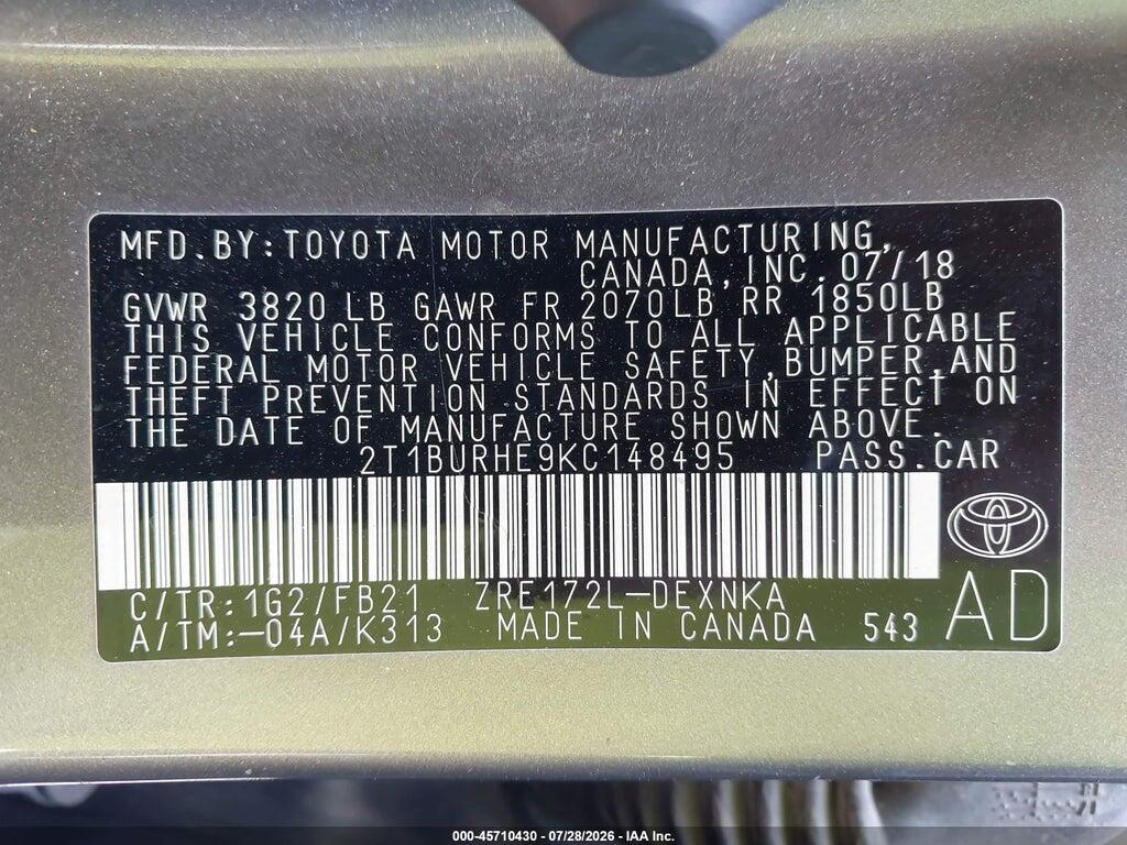2T1BURHE9KC148495 2019 TOYOTA COROLLA photo no. 9