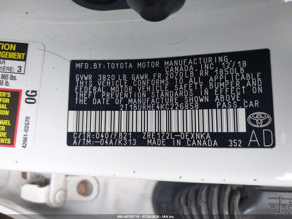 2T1BURHE4KC226858 2019 TOYOTA COROLLA photo no. 9