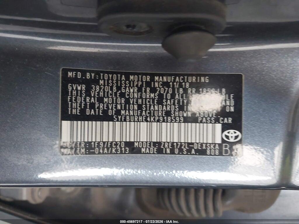 5YFBURHE4KP918599 2019 TOYOTA COROLLA photo no. 9